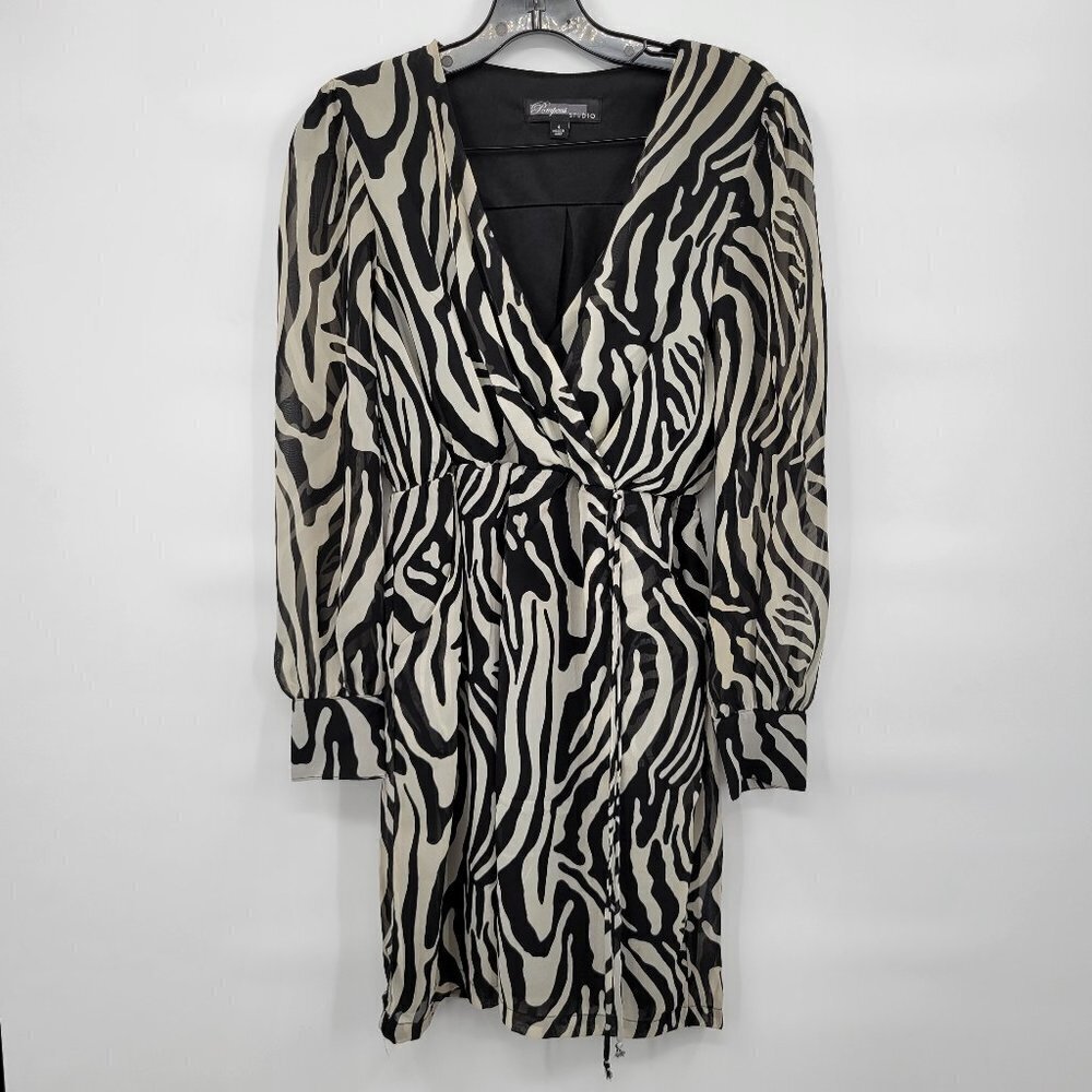 Pompous Studio Women Black Emerson Zebra Print Faux Wrap Mini Dress Size 4